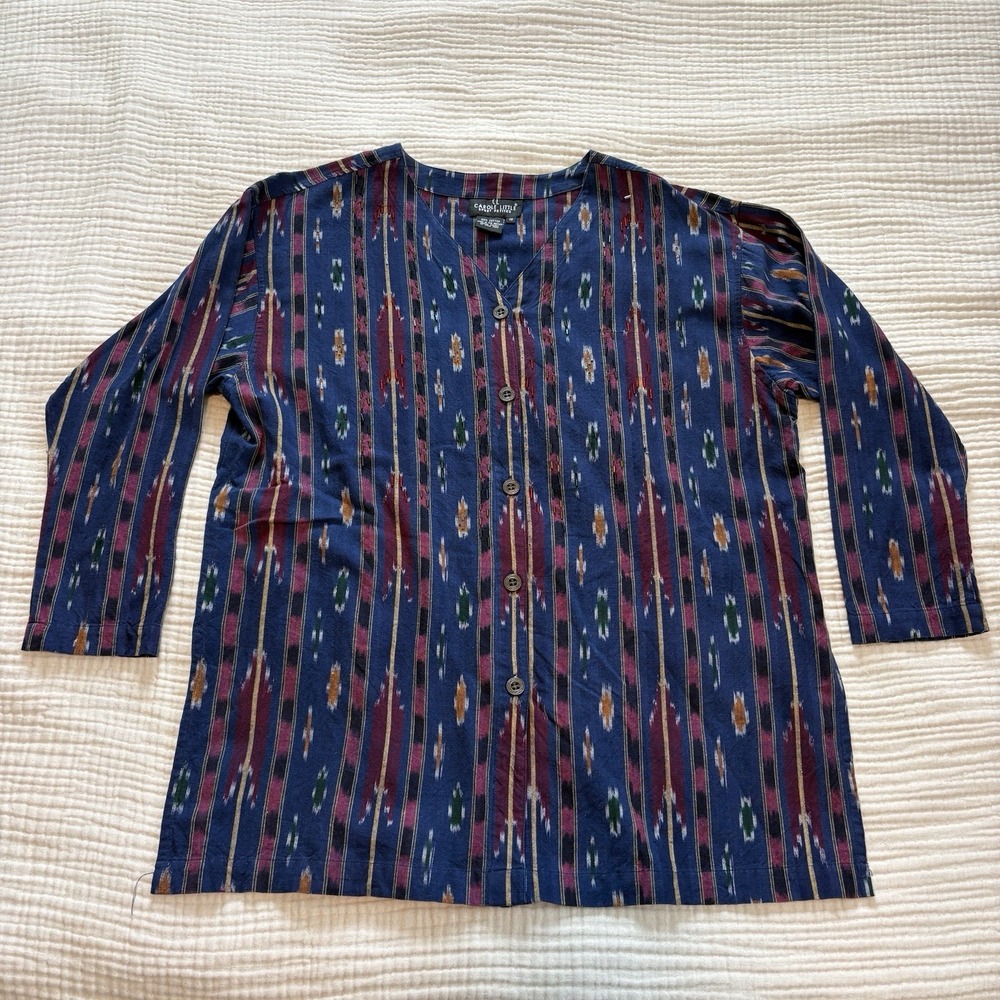Vintage Carole Little Shirt Women's 12 Blue Boho 100% Cotton Aztec Embellished